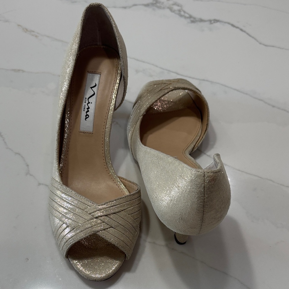 Nina Metallic Champagne Open-Toe Heels